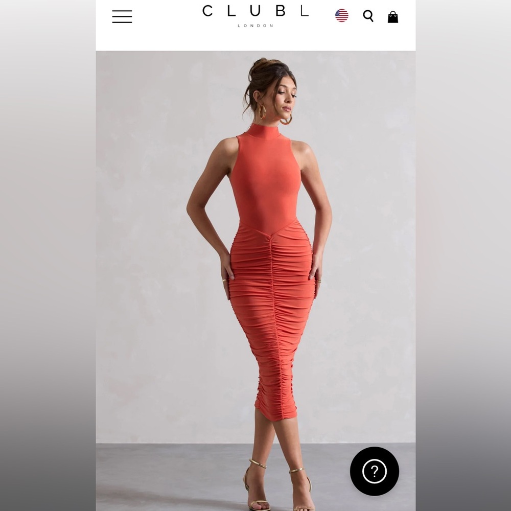 Club L London Sidnie Orange Ruched Bodycon High-neck Midi Dress